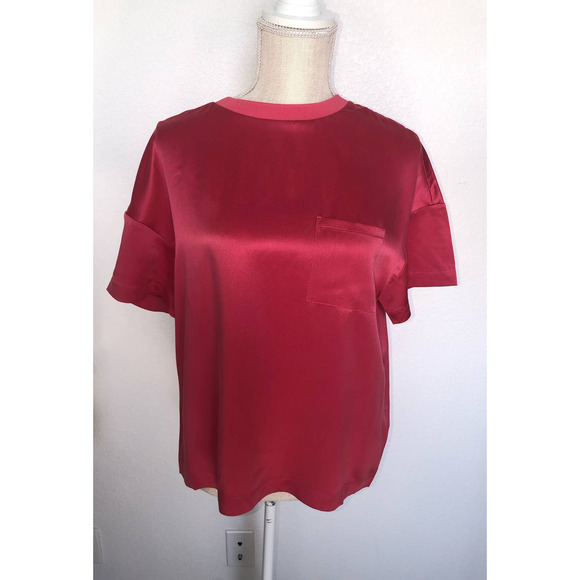 Badgley Mischka Mulberry Silk Barbie Pink Pocket Tee - S - Picture 2 of 5